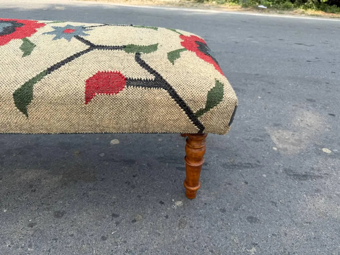 Kilim Flower Pattern Bench – Handmade Wool Jute Wooden Ottoman