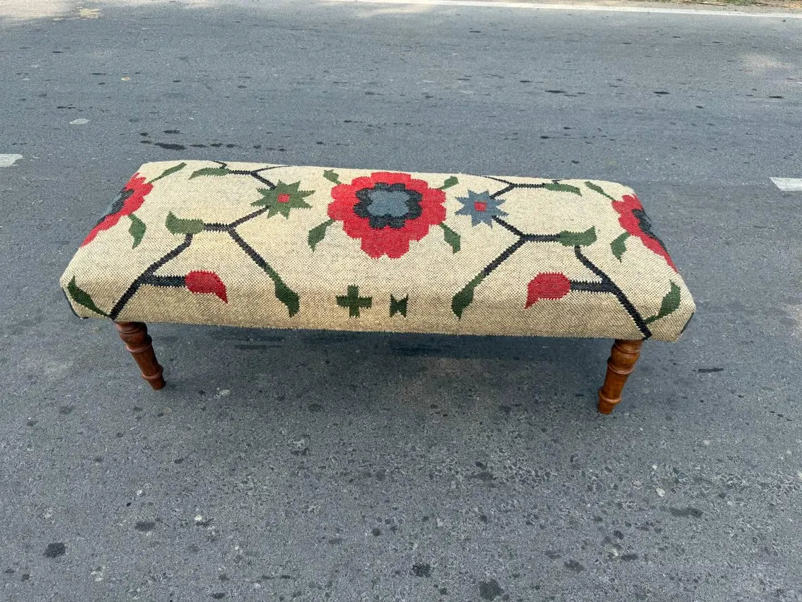 Kilim Flower Pattern Bench – Handmade Wool Jute Wooden Ottoman