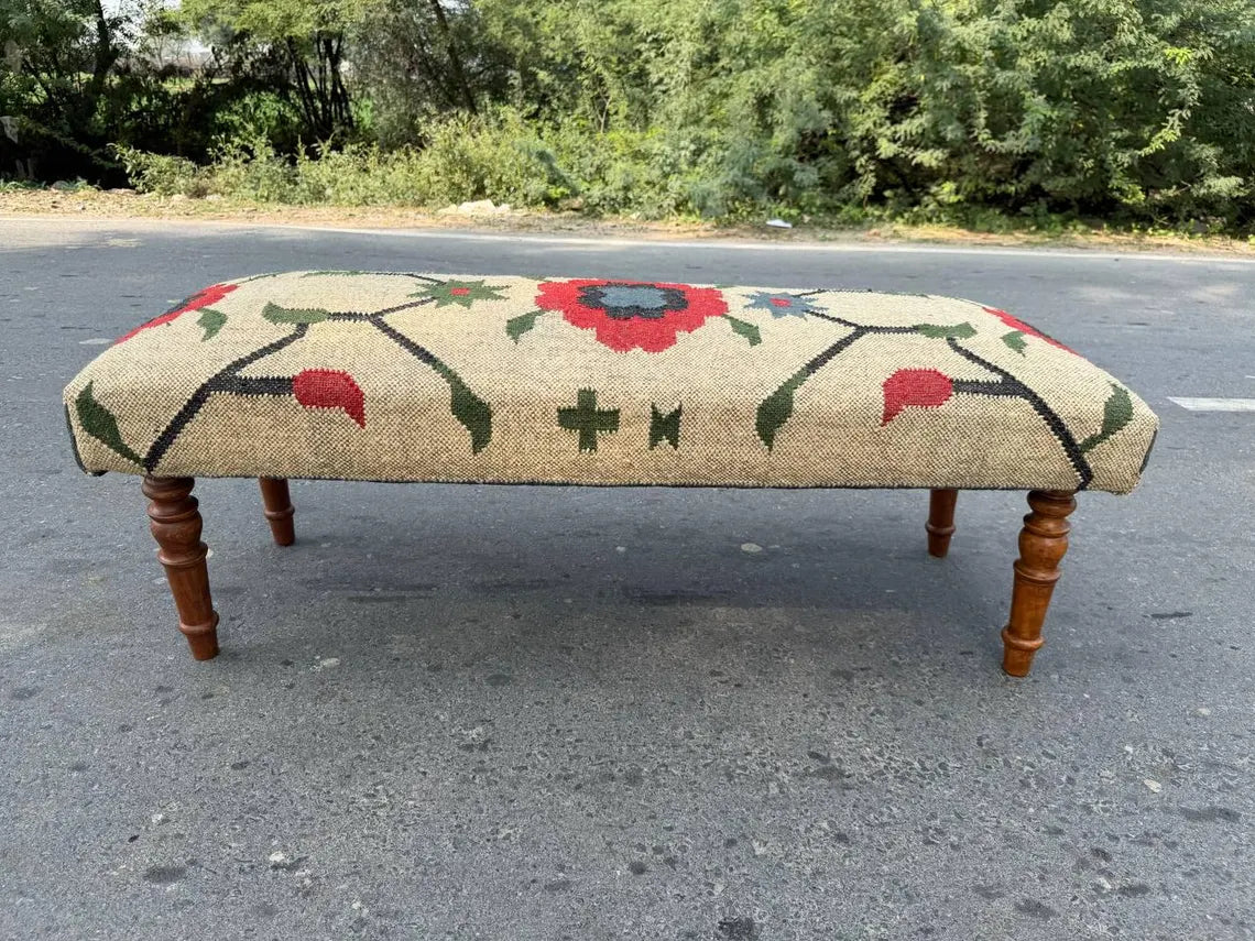 Kilim Flower Pattern Bench – Handmade Wool Jute Wooden Ottoman