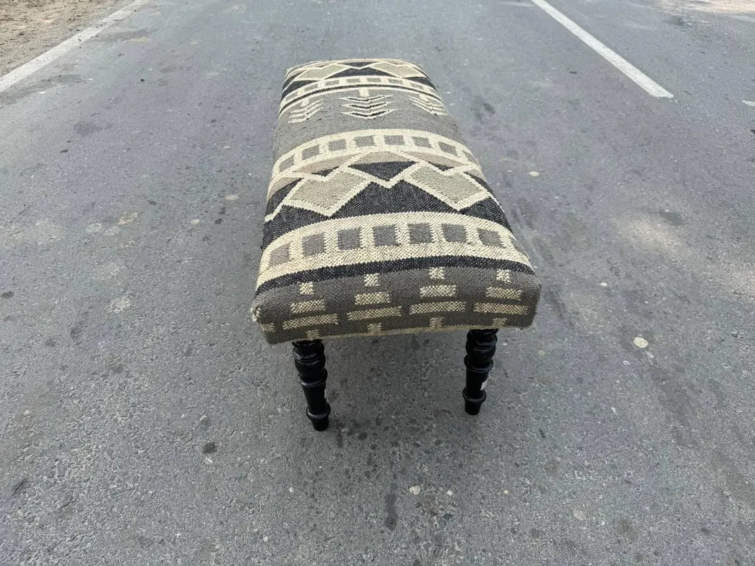 Kilim Wooden Bench – Handmade Wool Jute Ottoman Seat