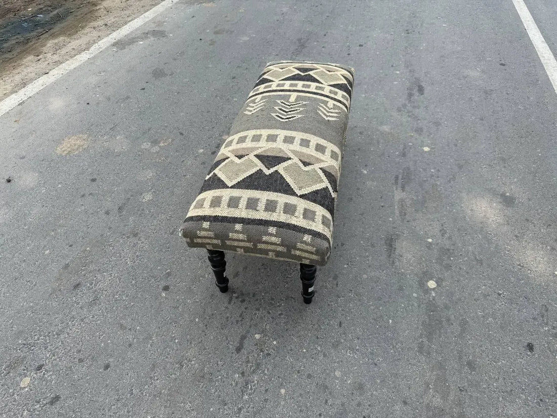 Kilim Wooden Bench – Handmade Wool Jute Ottoman Seat