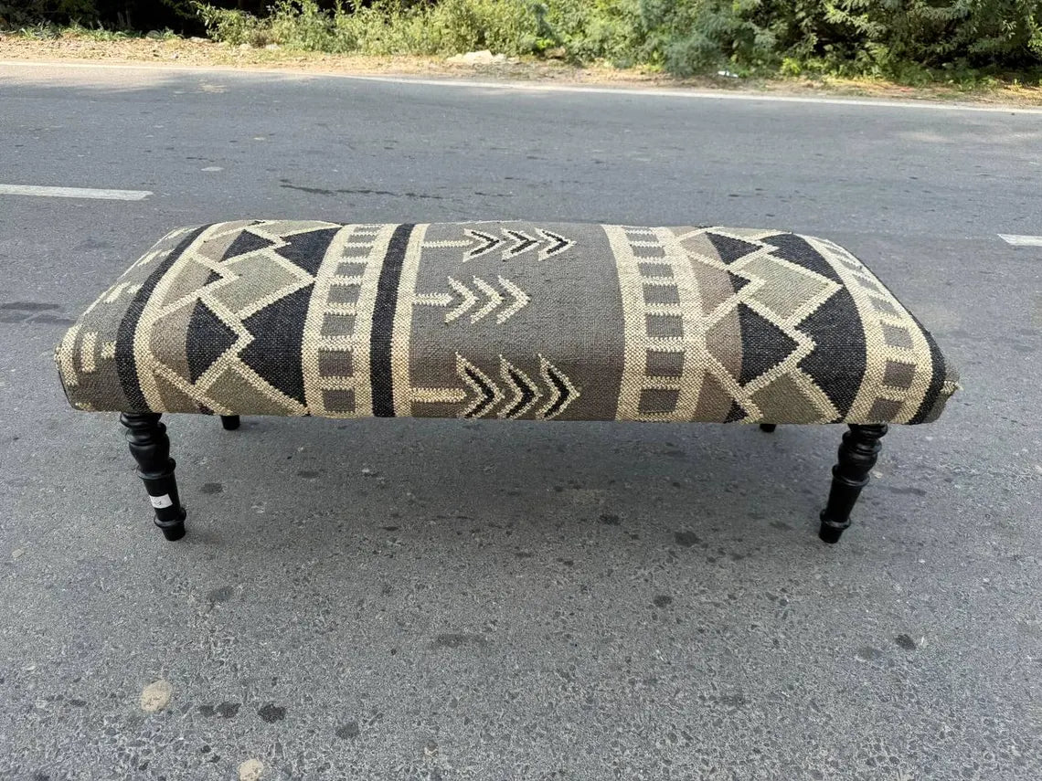 Kilim Wooden Bench – Handmade Wool Jute Ottoman Seat