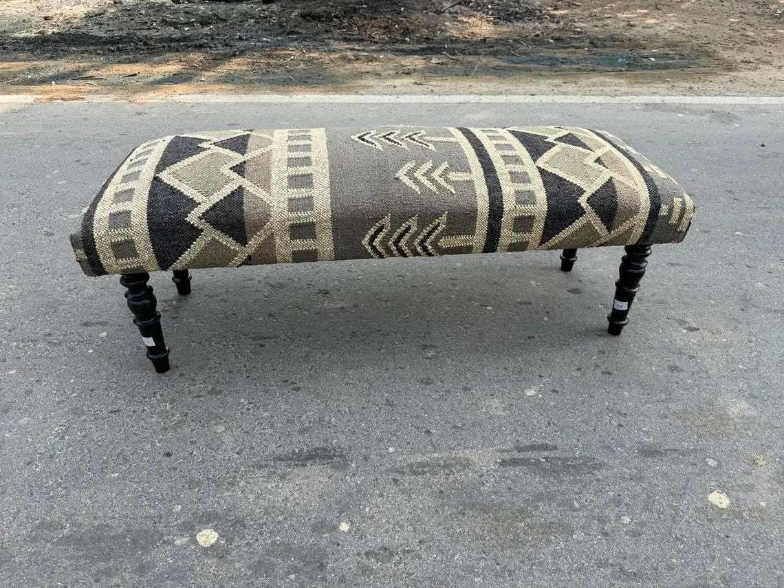 Kilim Wooden Bench – Handmade Wool Jute Ottoman Seat