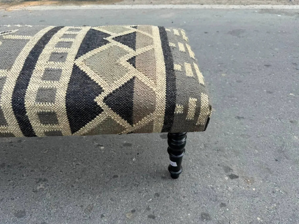 Kilim Wooden Bench – Handmade Wool Jute Ottoman Seat