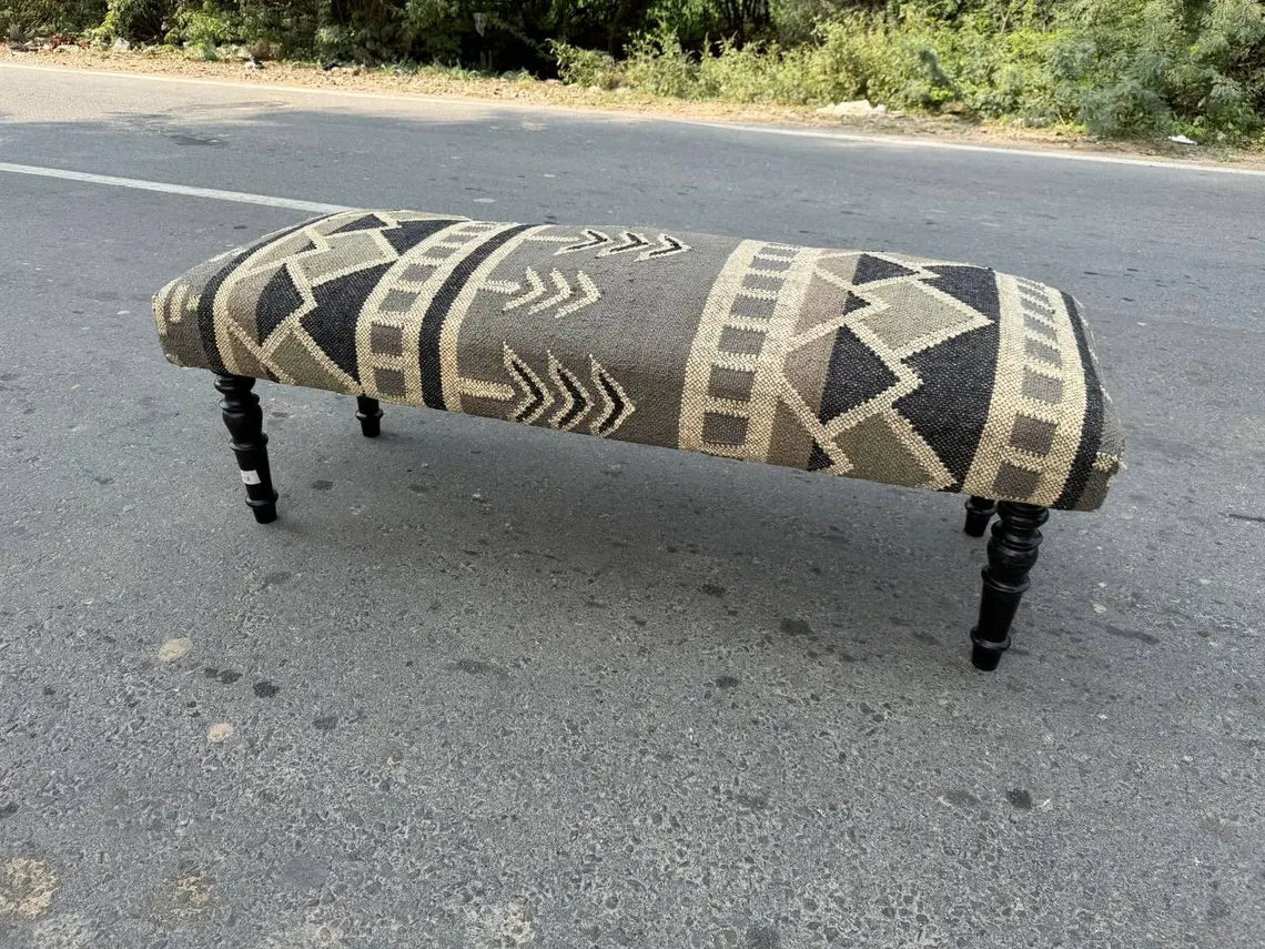 Kilim Wooden Bench – Handmade Wool Jute Ottoman Seat