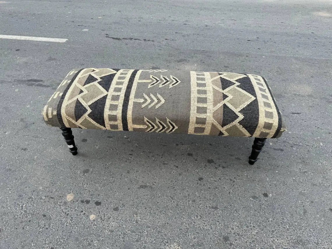 Kilim Wooden Bench – Handmade Wool Jute Ottoman Seat