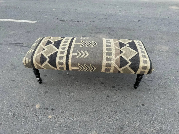 Kilim Wooden Bench – Handmade Wool Jute Ottoman Seat