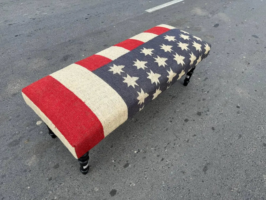 Kilim Wooden Ottoman Bench – Wool Jute Upholstered Handmade Seat