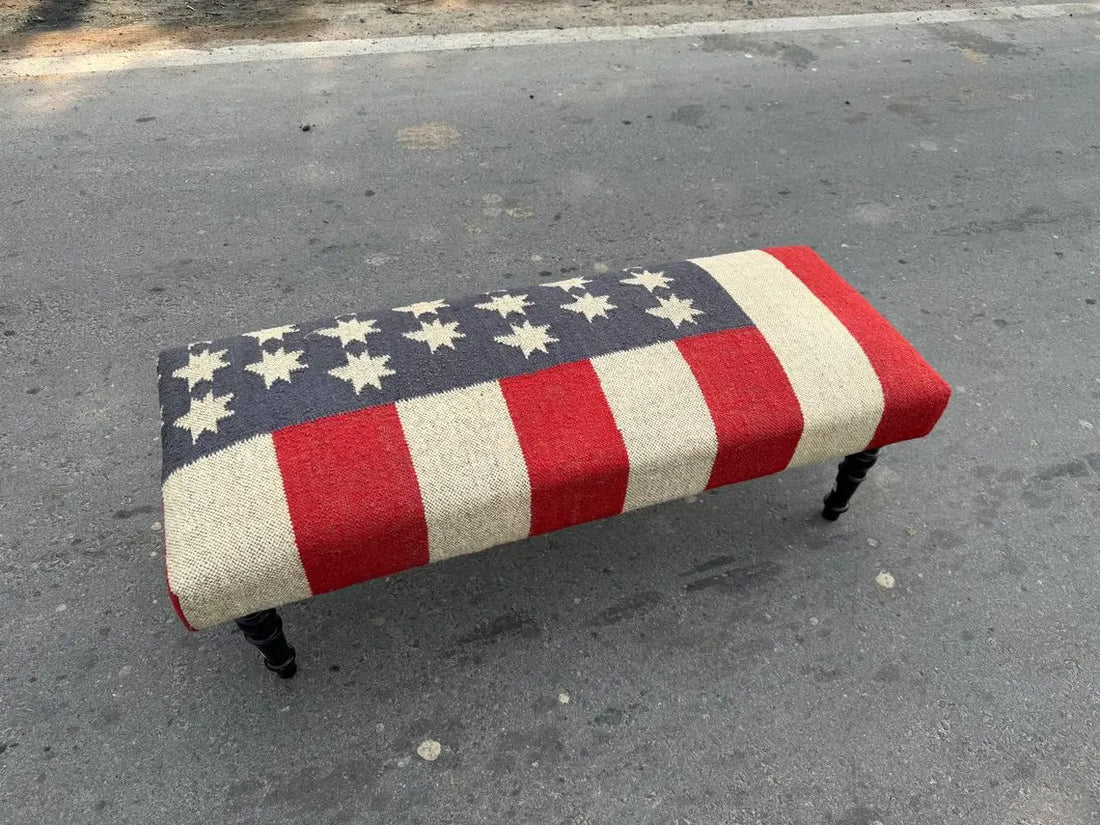 Kilim Wooden Ottoman Bench – Wool Jute Upholstered Handmade Seat