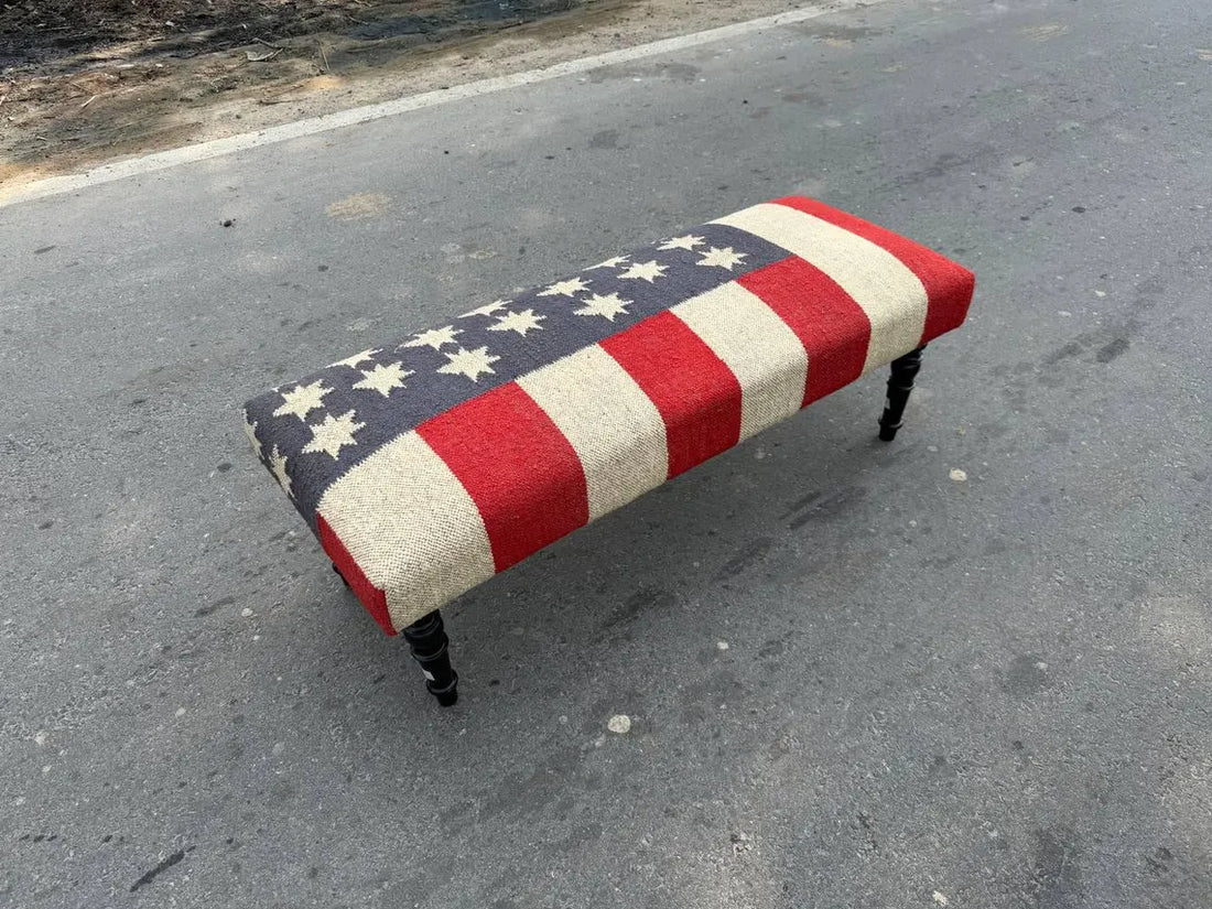 Kilim Wooden Ottoman Bench – Wool Jute Upholstered Handmade Seat