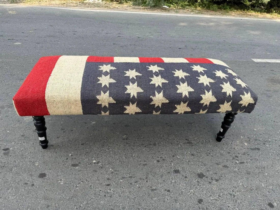 Kilim Wooden Ottoman Bench – Wool Jute Upholstered Handmade Seat