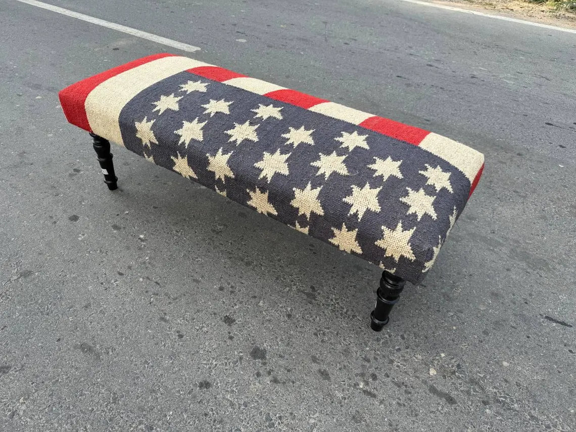 Kilim Wooden Ottoman Bench – Wool Jute Upholstered Handmade Seat