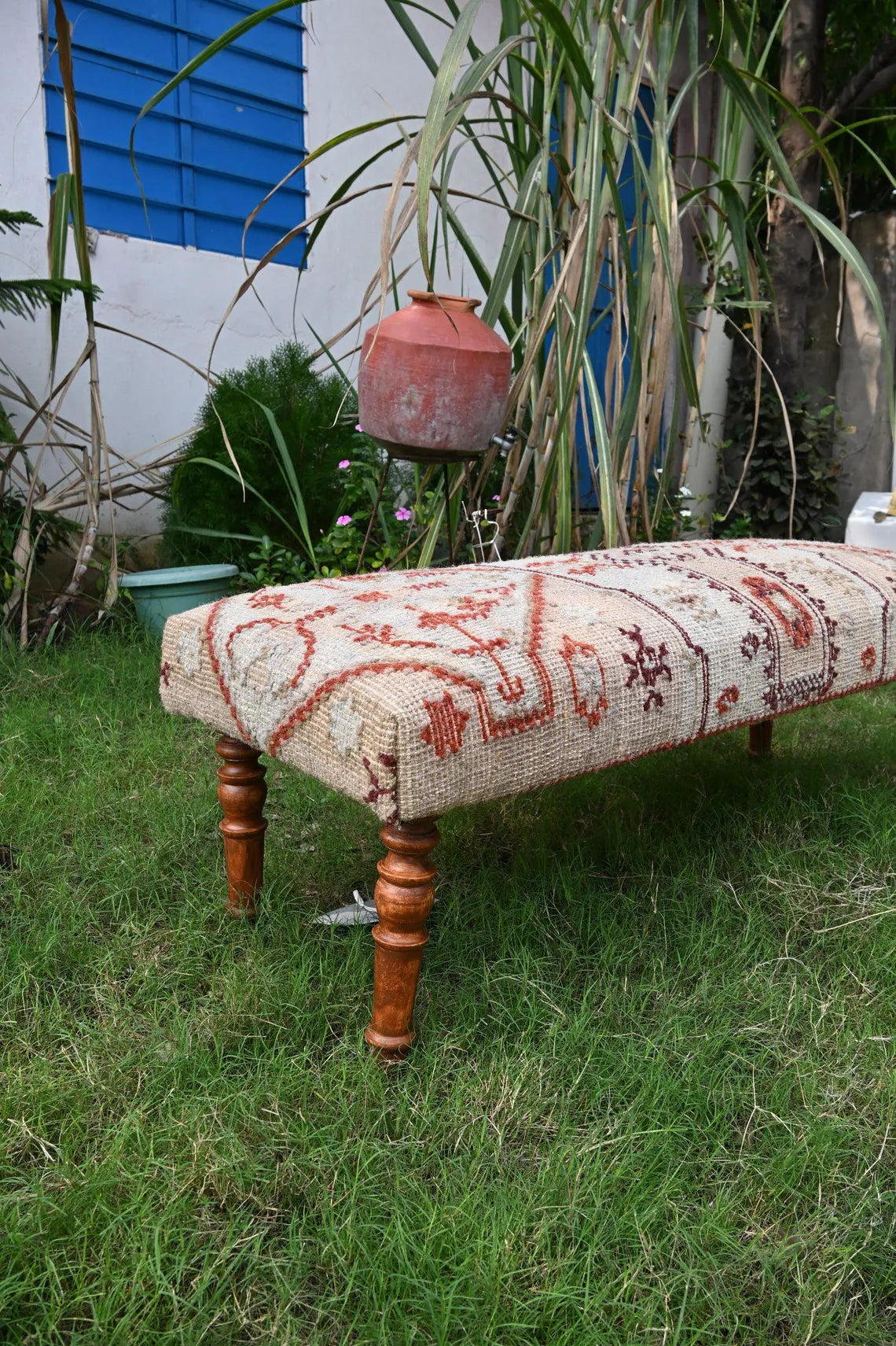 Handmade Kilim Entryway Bench – Wool Jute Upholstered Wooden Seat