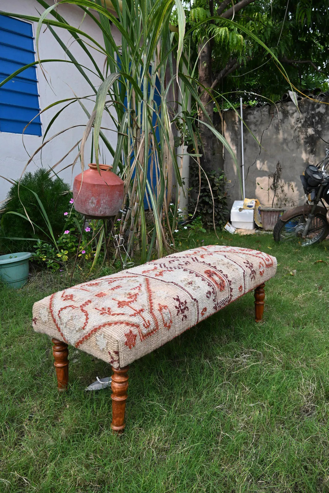 Handmade Kilim Entryway Bench – Wool Jute Upholstered Wooden Seat