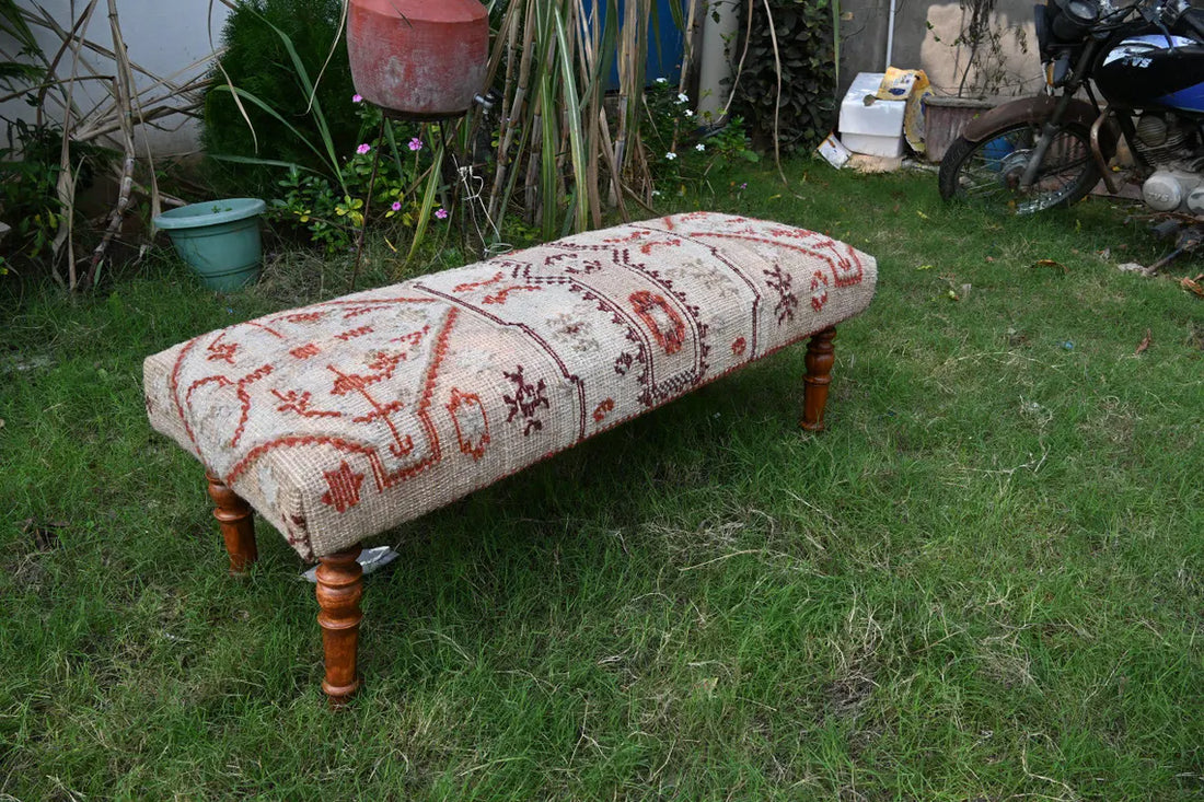 Handmade Kilim Entryway Bench – Wool Jute Upholstered Wooden Seat
