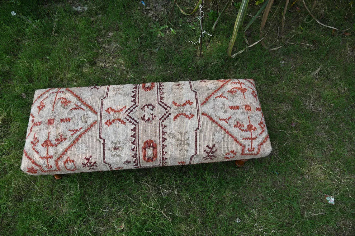 Handmade Kilim Entryway Bench – Wool Jute Upholstered Wooden Seat