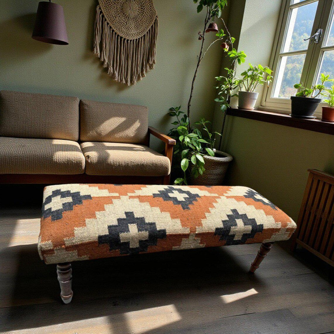 Handmade Kilim Entryway Bench — Wool-Jute Upholstered Wooden Ottoman Seat