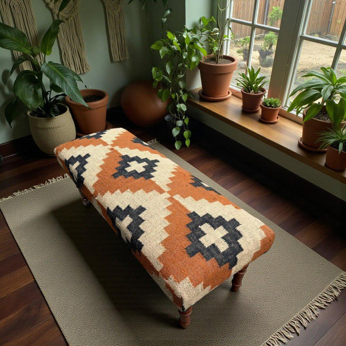 Handmade Kilim Entryway Bench — Wool-Jute Upholstered Wooden Ottoman Seat