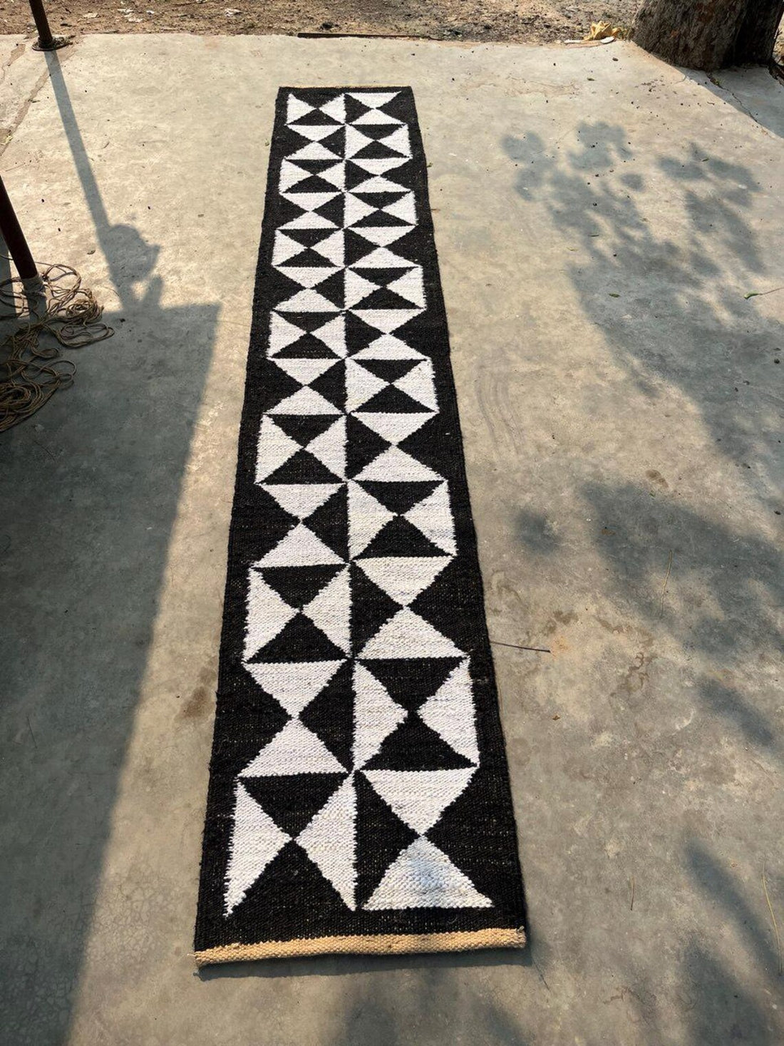 Handwoven Hemp Jute Runner with Black Natural Cross Motifs in Traditional Loomed Style