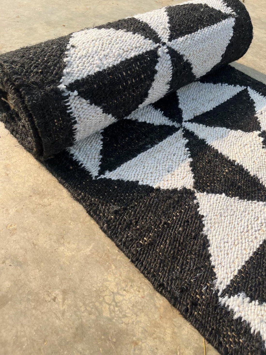 Handwoven Hemp Jute Runner with Black Natural Cross Motifs in Traditional Loomed Style