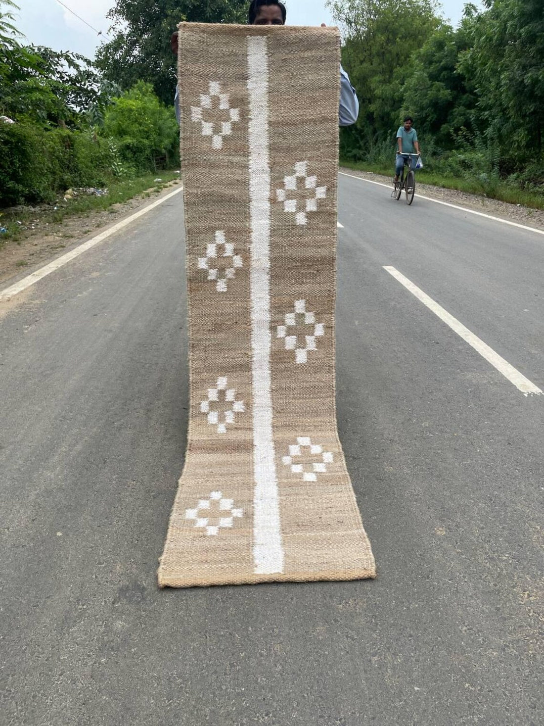 Handwoven Black & White Jute Hemp Runner with Textured Piano Stripe Pattern for Rustic