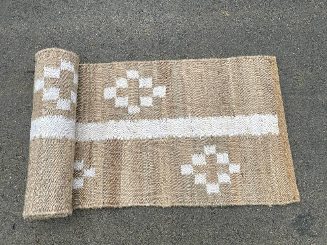 Handwoven Black & White Jute Hemp Runner with Textured Piano Stripe Pattern for Rustic
