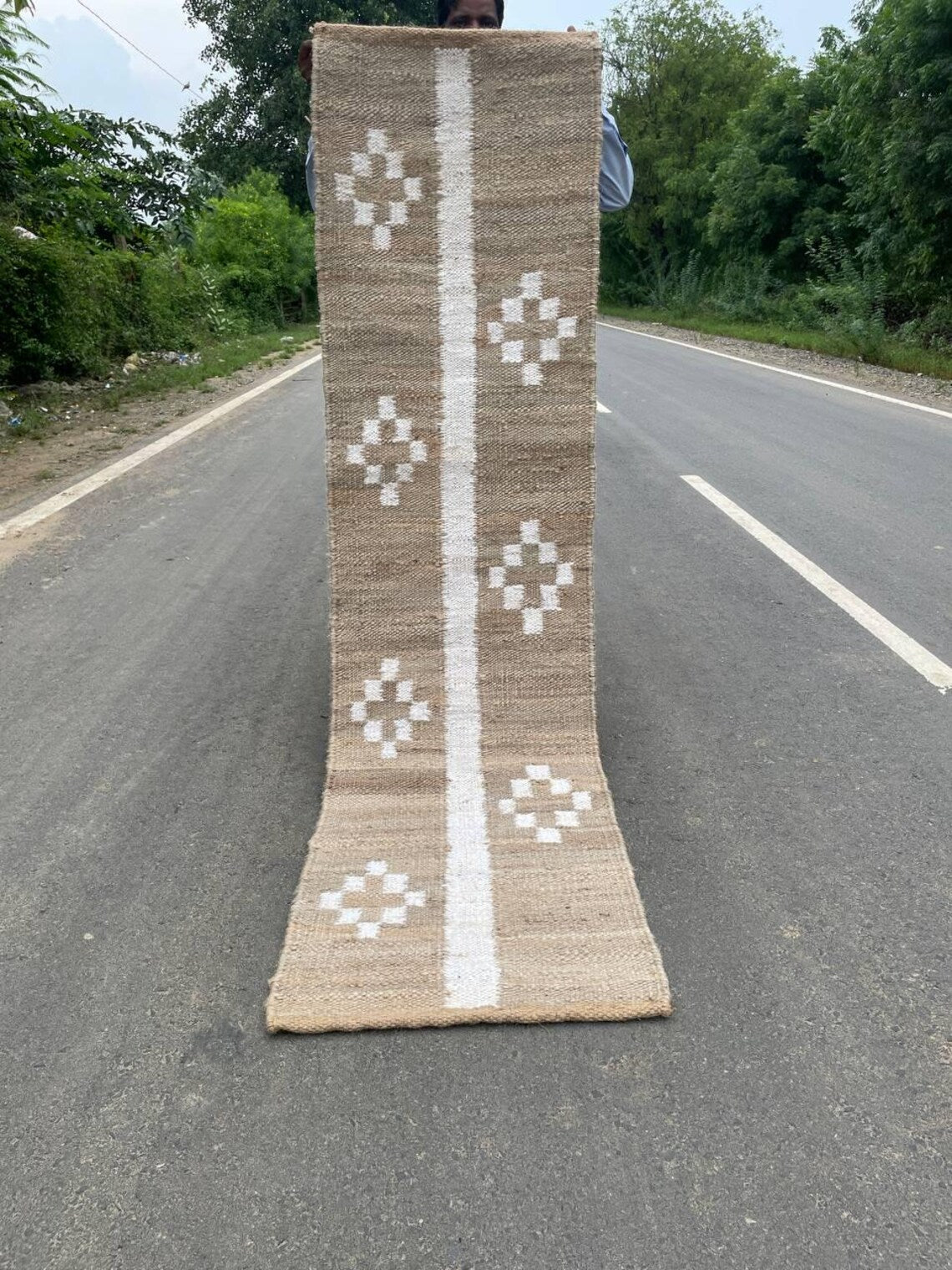 Handwoven Hemp Jute Runner Black Off White Decorative Dhurrie Rug