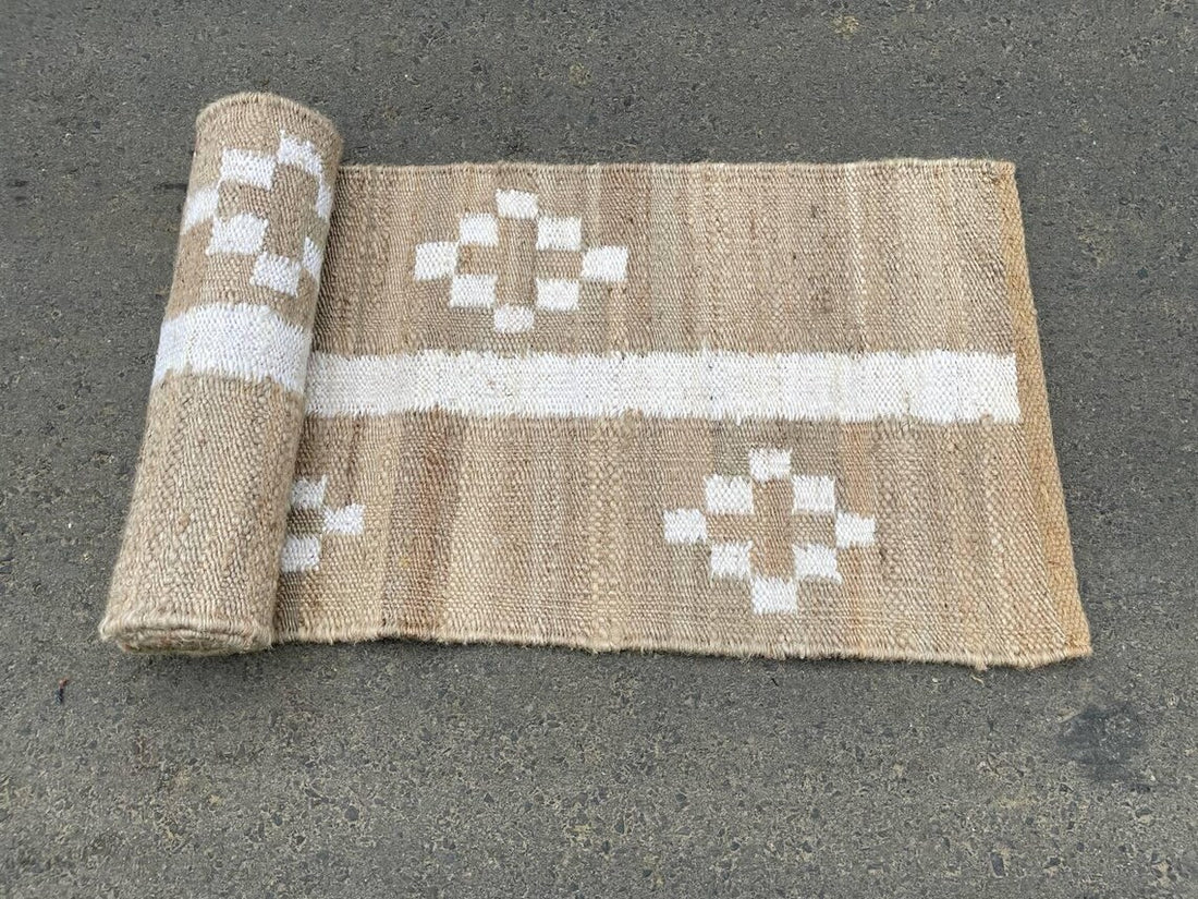 Handwoven Black & White Jute Hemp Runner with Textured Piano Stripe Pattern for Rustic