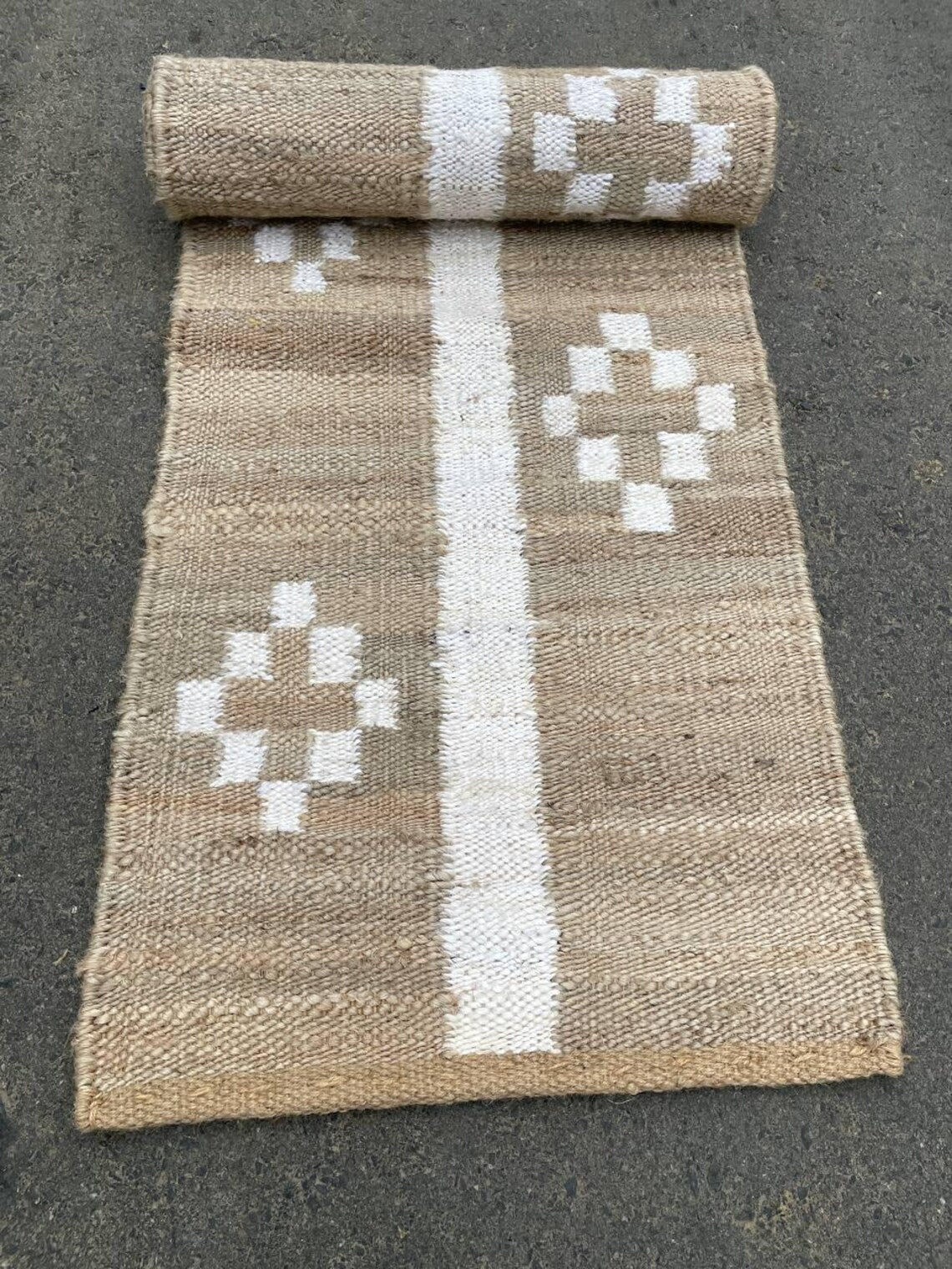 Handwoven Hemp Jute Runner Black Off White Decorative Dhurrie Rug