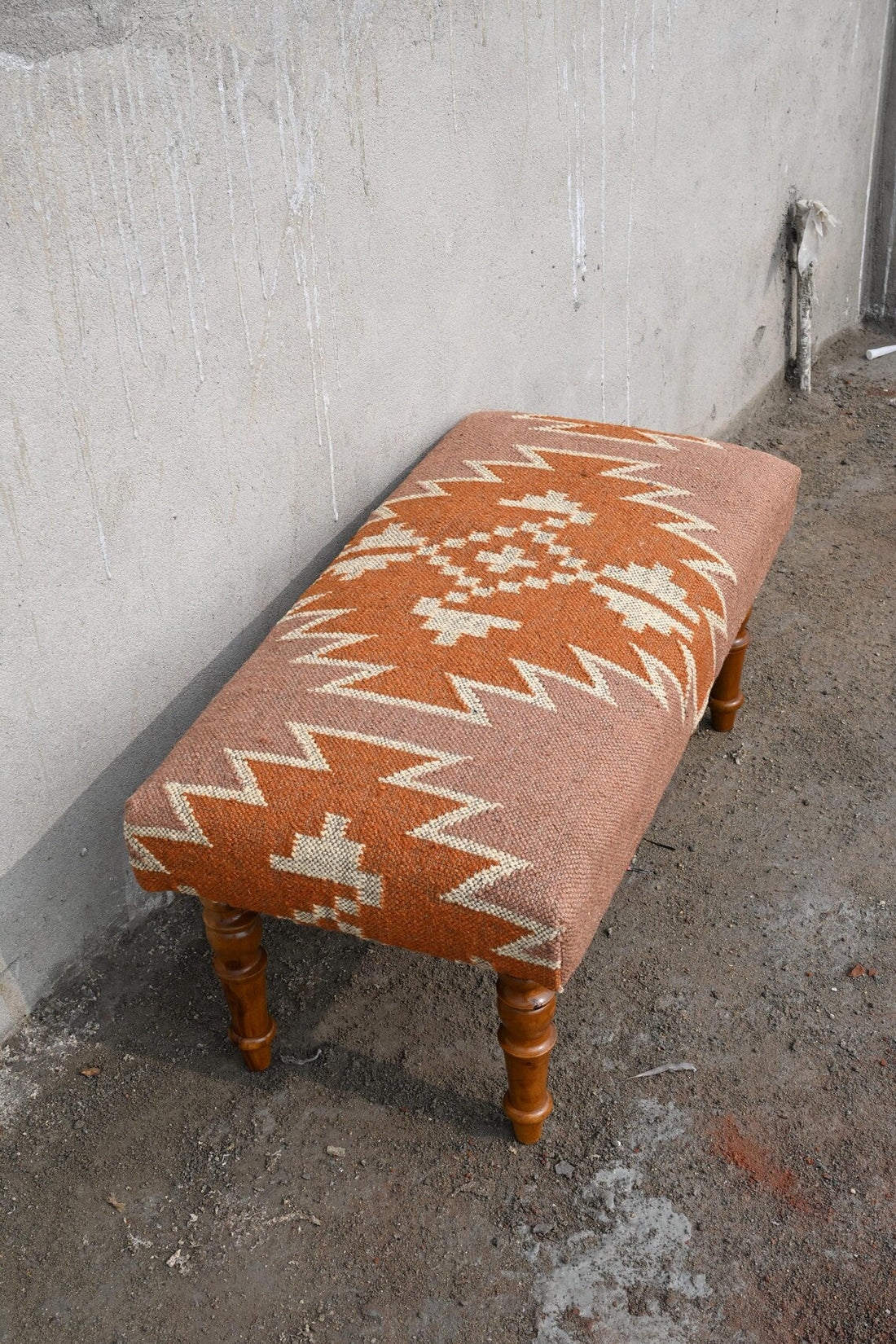 Handmade Kilim Ottoman Bench, Wool Jute Upholstered Wooden Seat, Rustic Ethnic Footstool