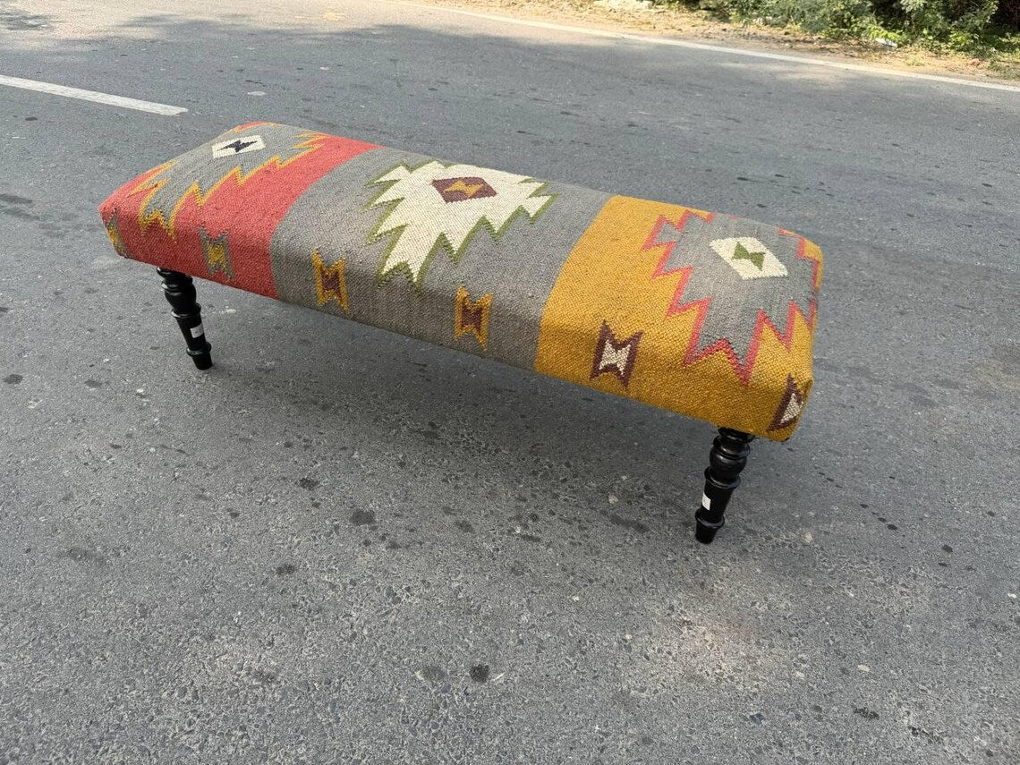 Handmade Wool Jute Kilim Rug Bench – Wooden Upholstered Ottoman Seat