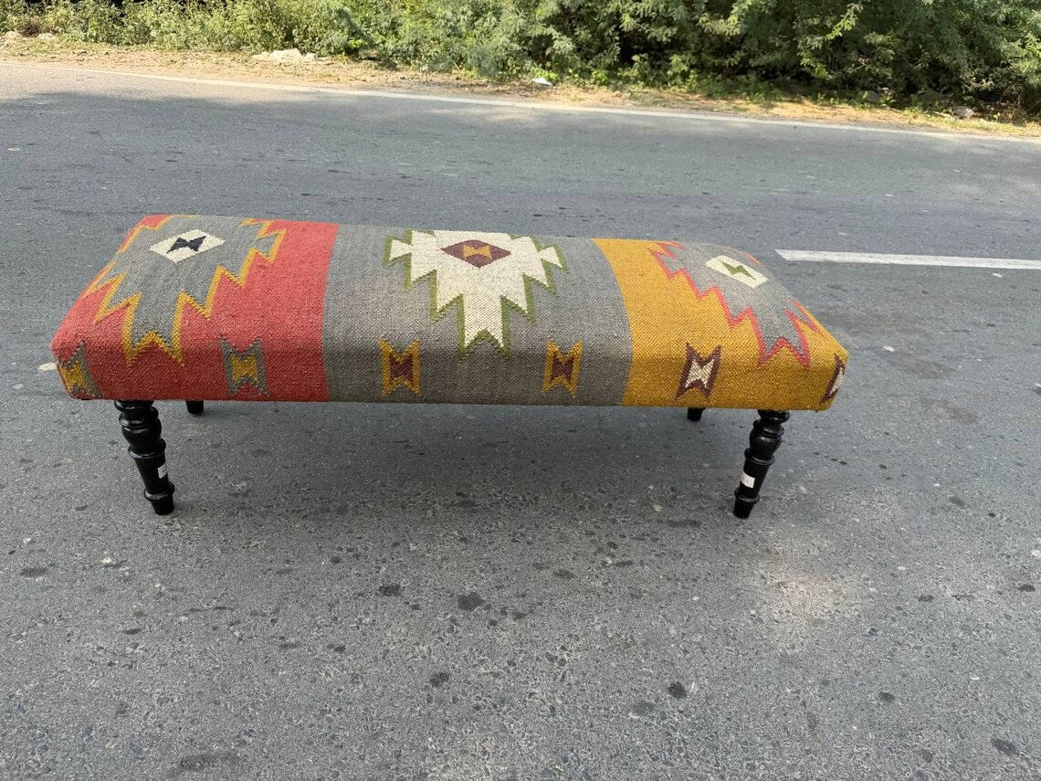 Handmade Wool Jute Kilim Rug Bench – Wooden Upholstered Ottoman Seat