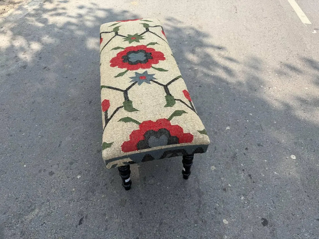 Kilim Flower Pattern Bench – Handmade Wool Jute Wooden Ottoman