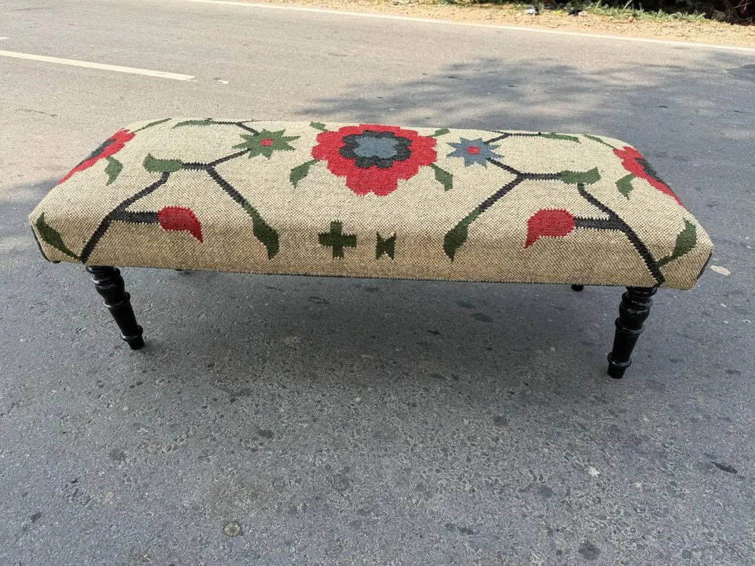 Kilim Flower Pattern Bench – Handmade Wool Jute Wooden Ottoman