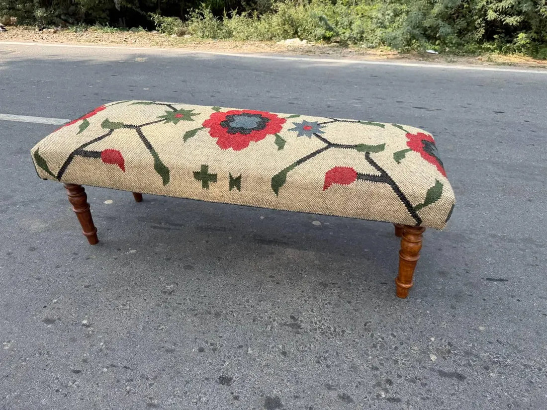 Kilim Flower Pattern Bench – Handmade Wool Jute Wooden Ottoman