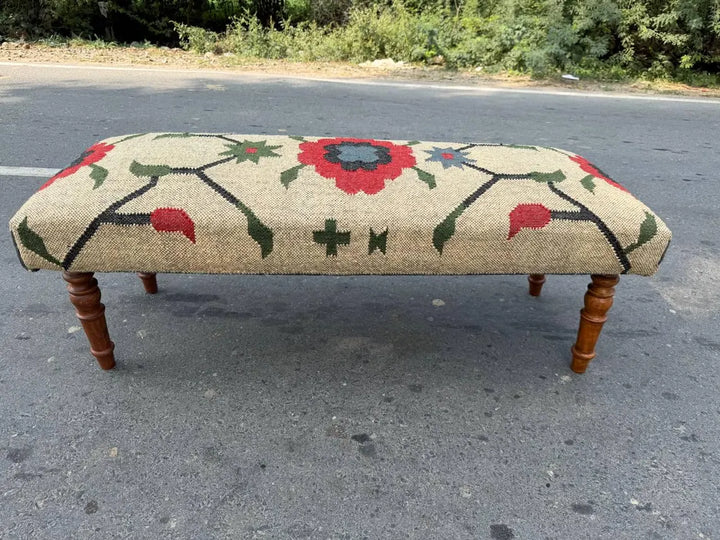 Kilim Flower Pattern Bench – Handmade Wool Jute Wooden Ottoman