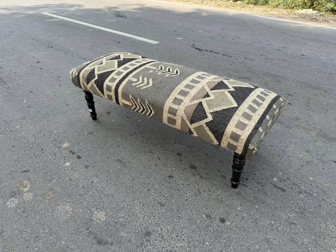 Kilim Wooden Bench – Handmade Wool Jute Ottoman Seat