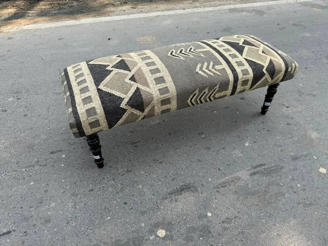 Kilim Wooden Bench – Handmade Wool Jute Ottoman Seat