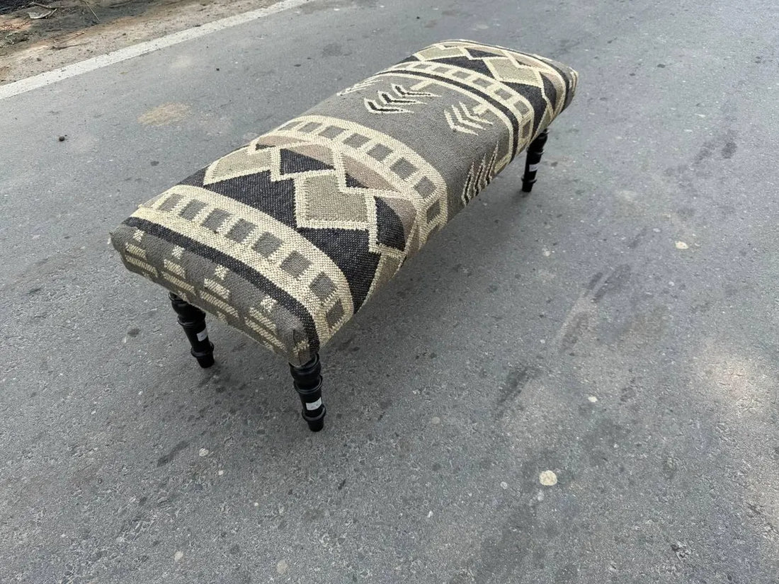 Kilim Wooden Bench – Handmade Wool Jute Ottoman Seat