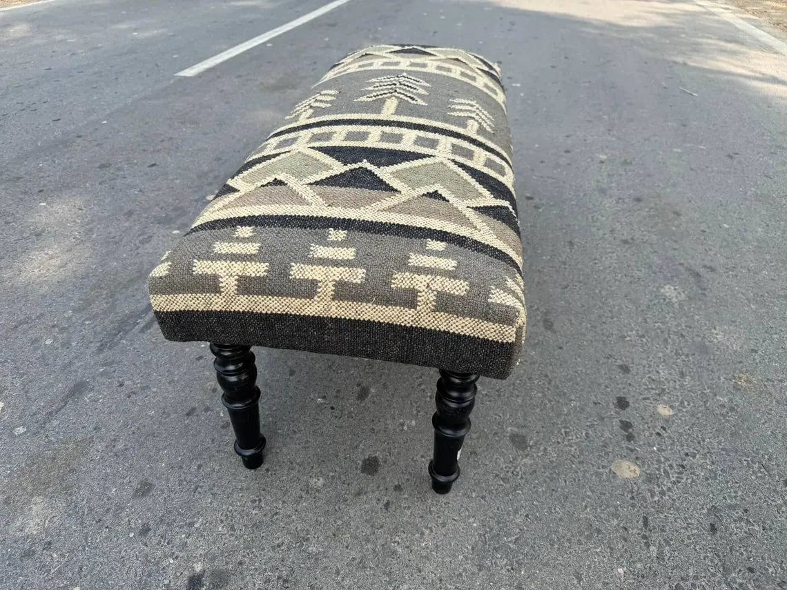 Kilim Wooden Bench – Handmade Wool Jute Ottoman Seat