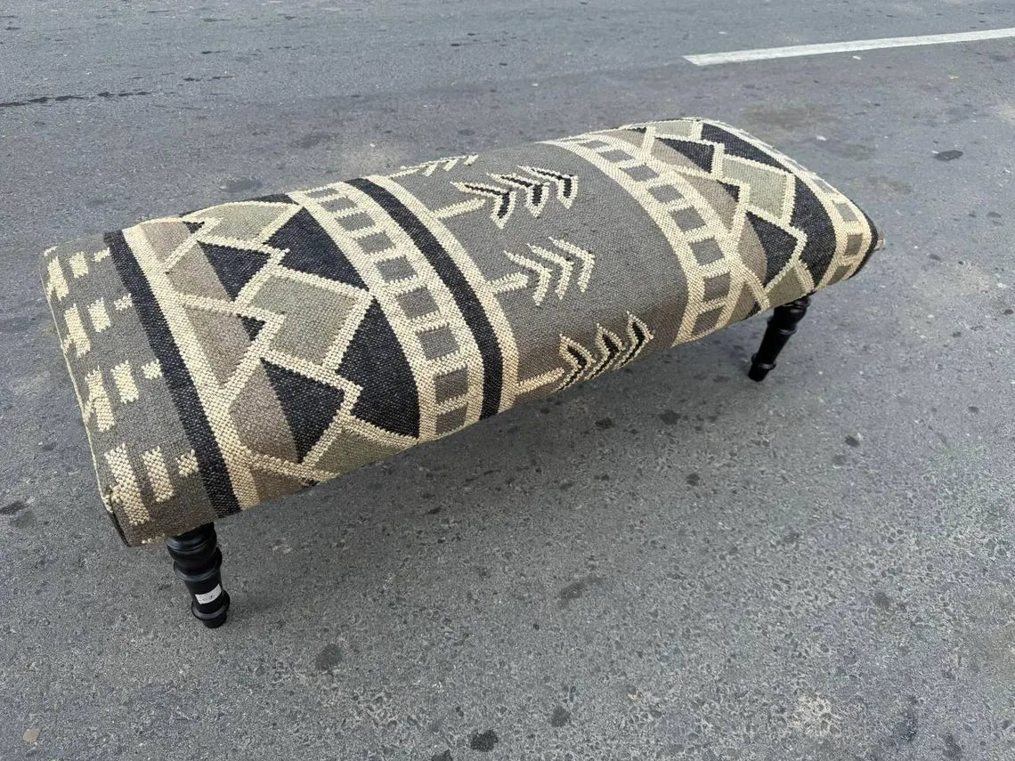 Kilim Wooden Bench – Handmade Wool Jute Ottoman Seat