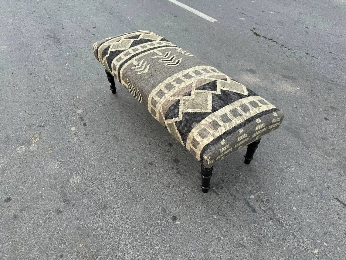 Kilim Wooden Bench – Handmade Wool Jute Ottoman Seat