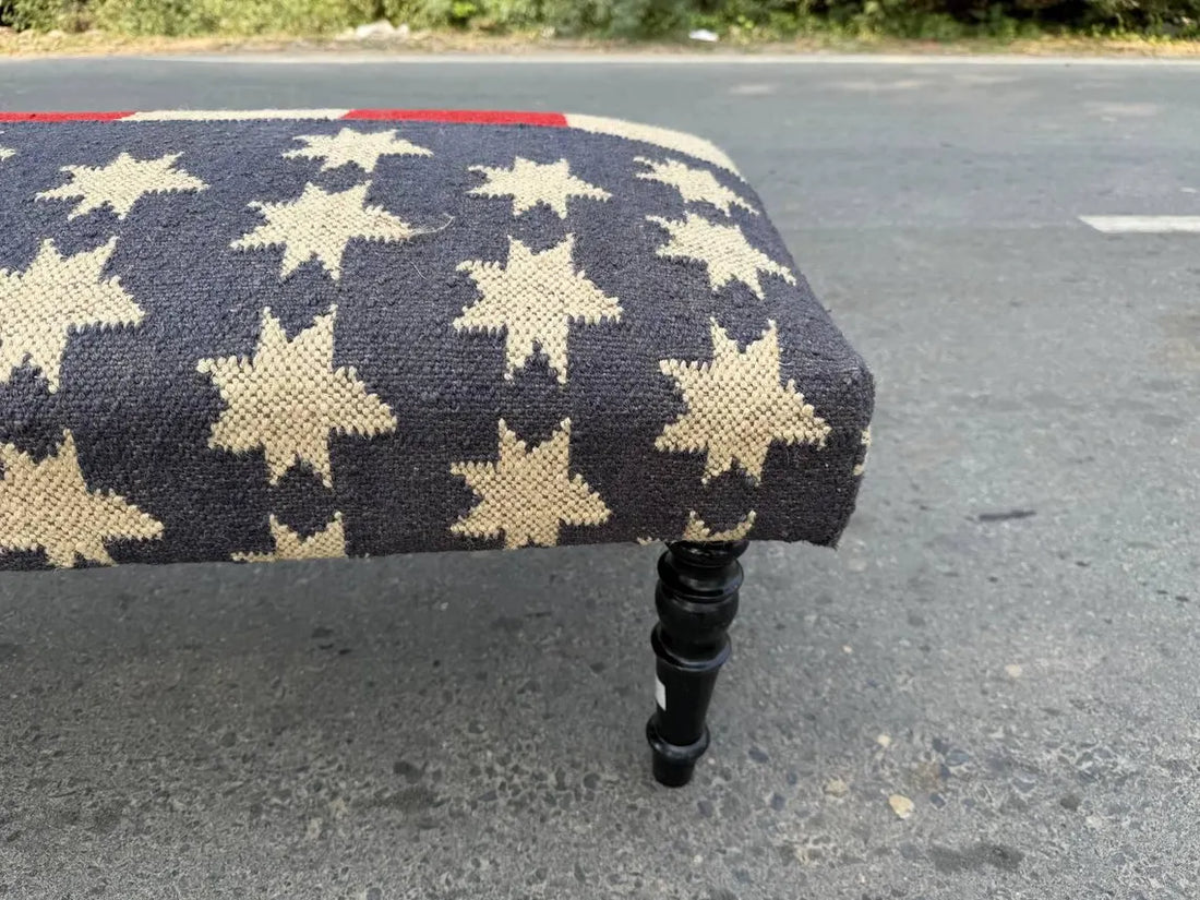 Kilim Wooden Ottoman Bench – Wool Jute Upholstered Handmade Seat