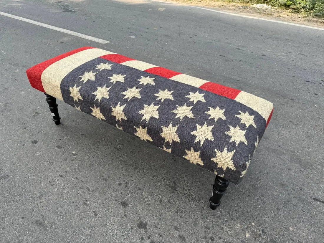 Kilim Wooden Ottoman Bench – Wool Jute Upholstered Handmade Seat