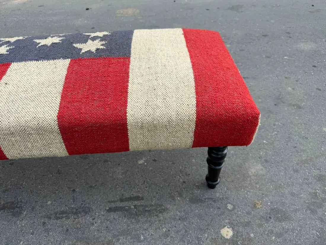 Kilim Wooden Ottoman Bench – Wool Jute Upholstered Handmade Seat