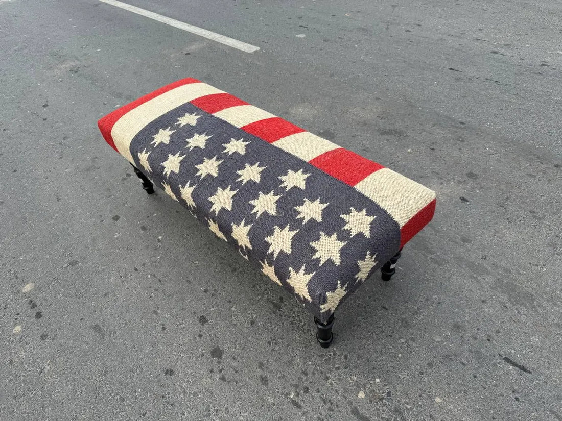 Kilim Wooden Ottoman Bench – Wool Jute Upholstered Handmade Seat