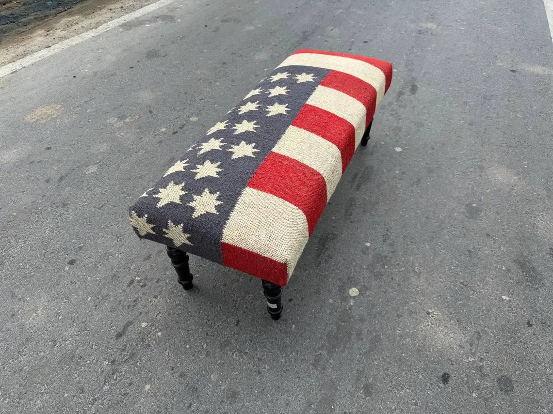 Kilim Wooden Ottoman Bench – Wool Jute Upholstered Handmade Seat