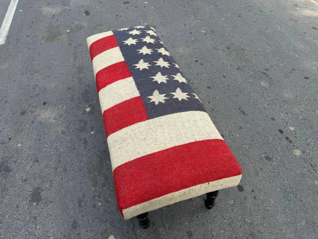 Kilim Wooden Ottoman Bench – Wool Jute Upholstered Handmade Seat