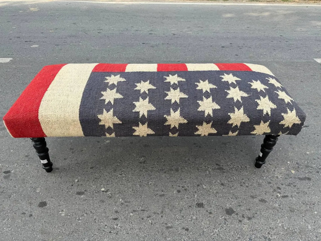 Kilim Wooden Ottoman Bench – Wool Jute Upholstered Handmade Seat