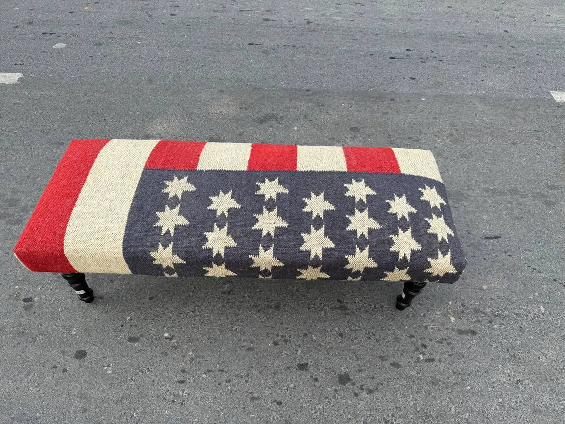 Kilim Wooden Ottoman Bench – Wool Jute Upholstered Handmade Seat